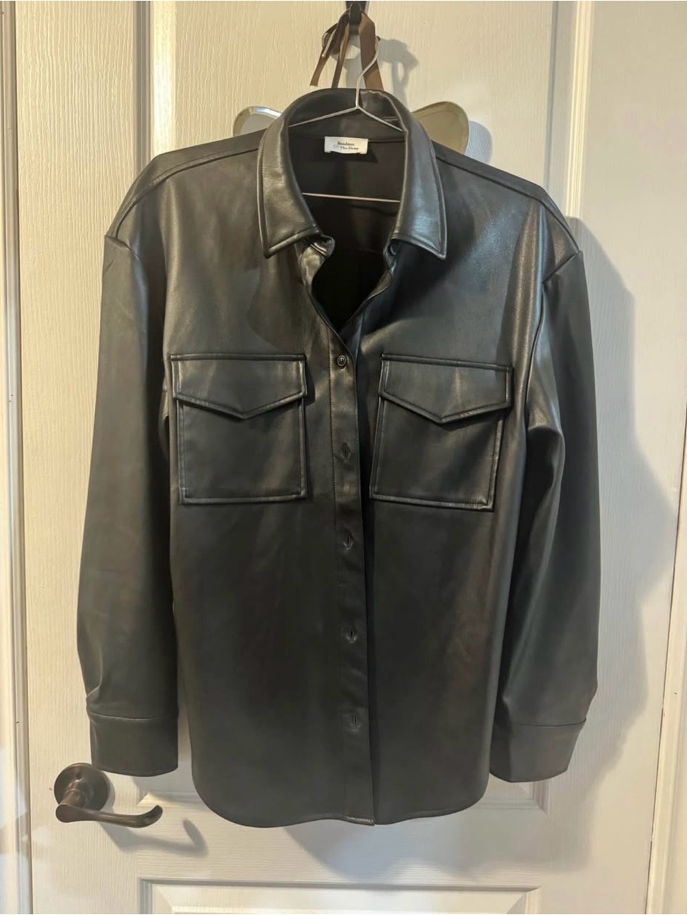 Black Faux Leather Button-Front Shirt Jacket - Women's